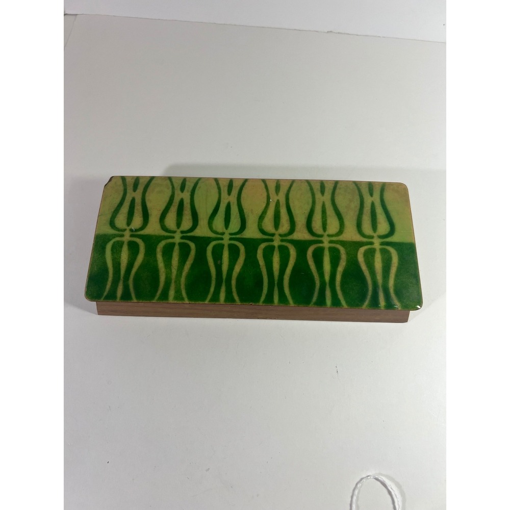 MCM Ernest Sohn Copper Enameled Wood Playing Card Trinket Box Green 4 x 9" Flaw